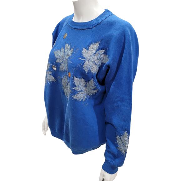 Hanes Her Way Blue Sequin Ugly Sweater Sz XL Holiday Kitschy Leaves Snowflakes - Picture 10 of 10